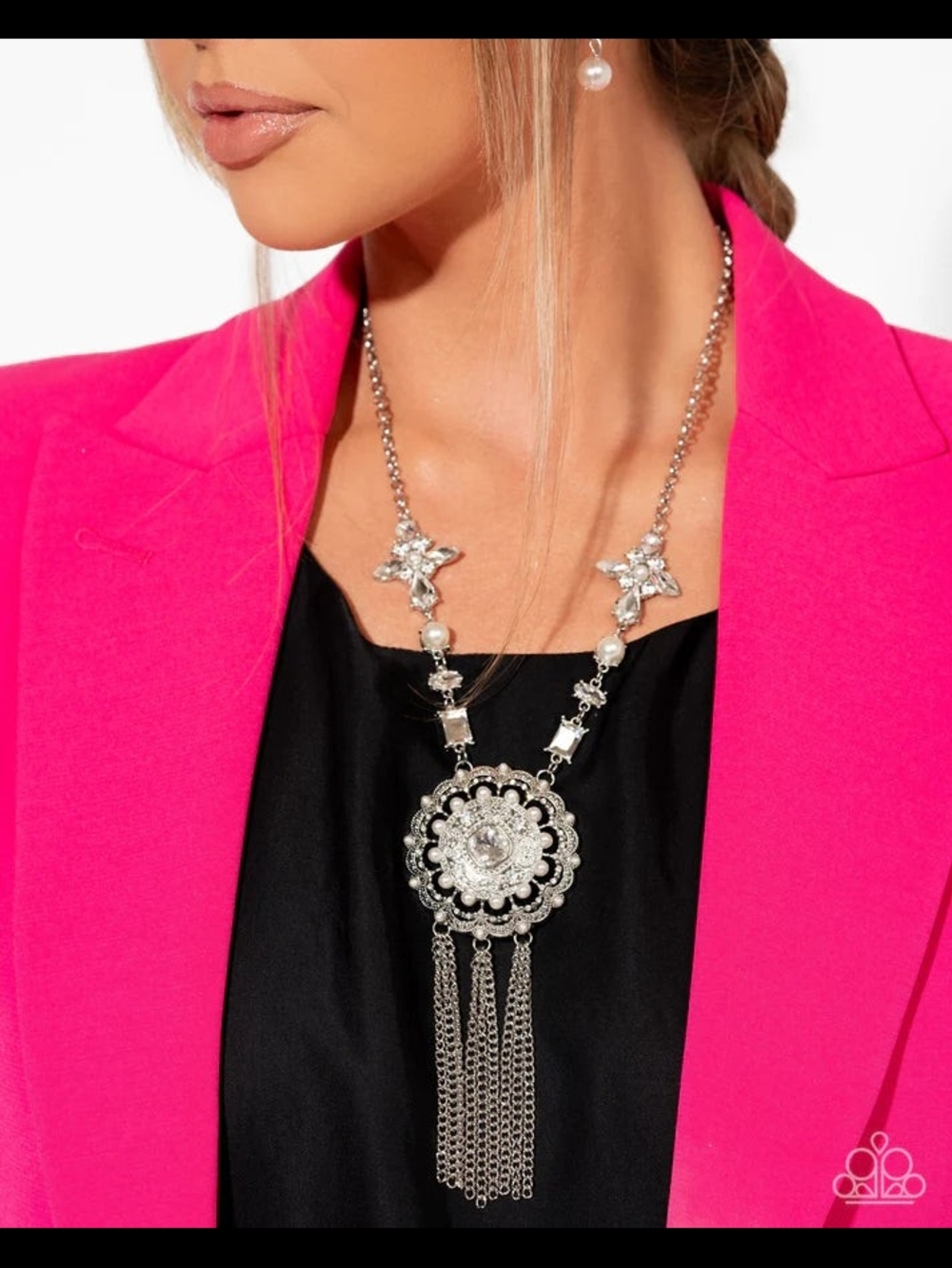 paparazzi Silver Filigree Medallion Tassel Necklace - Pink Accent